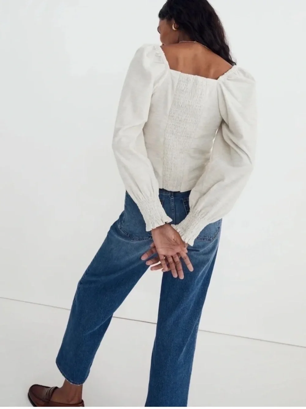 Women’s Cream Button-Front Corduroy Puff Sleeve Top